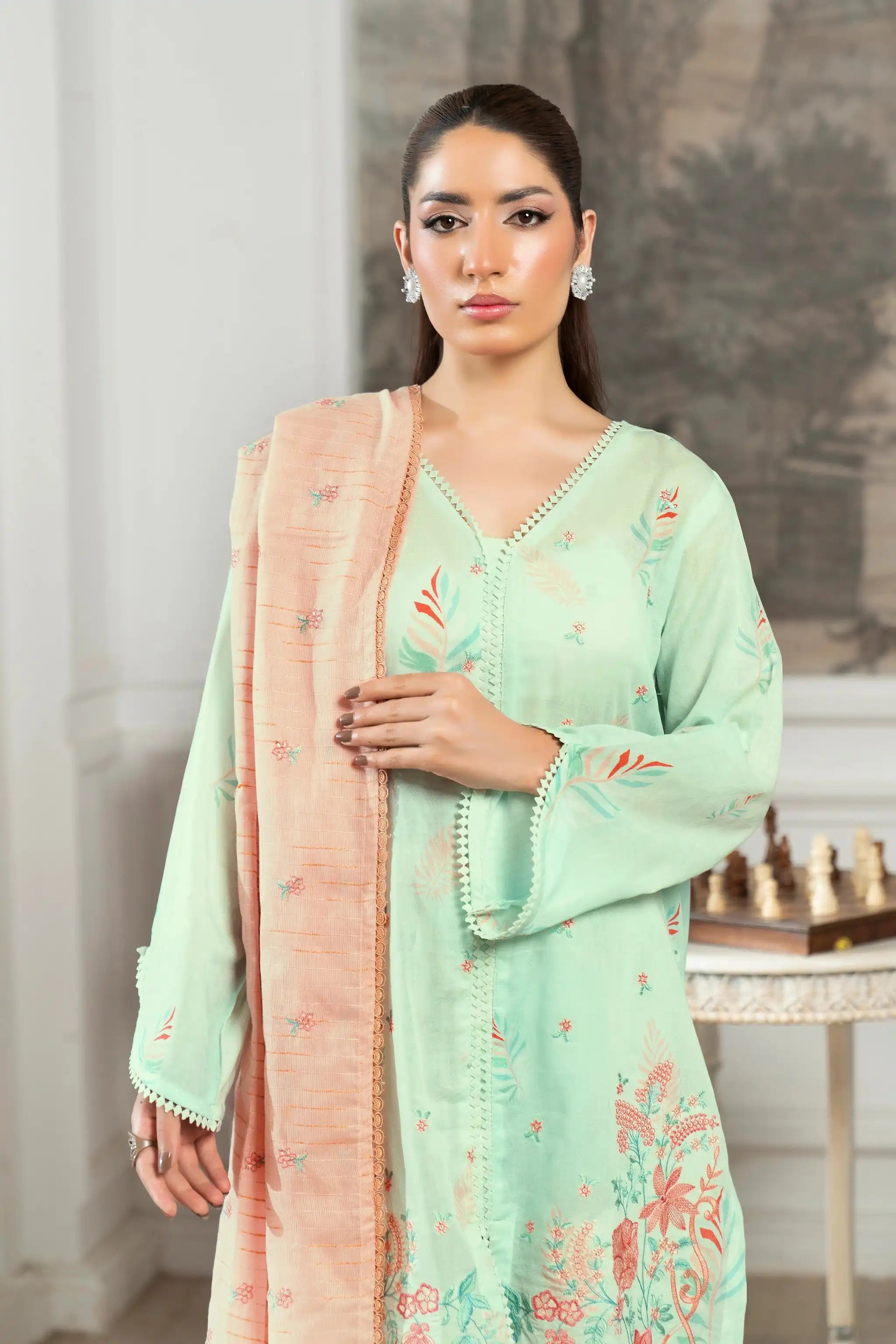 3 Piece Unstitched Tea Green Premium Emb Jacquard Lawn Secondary image