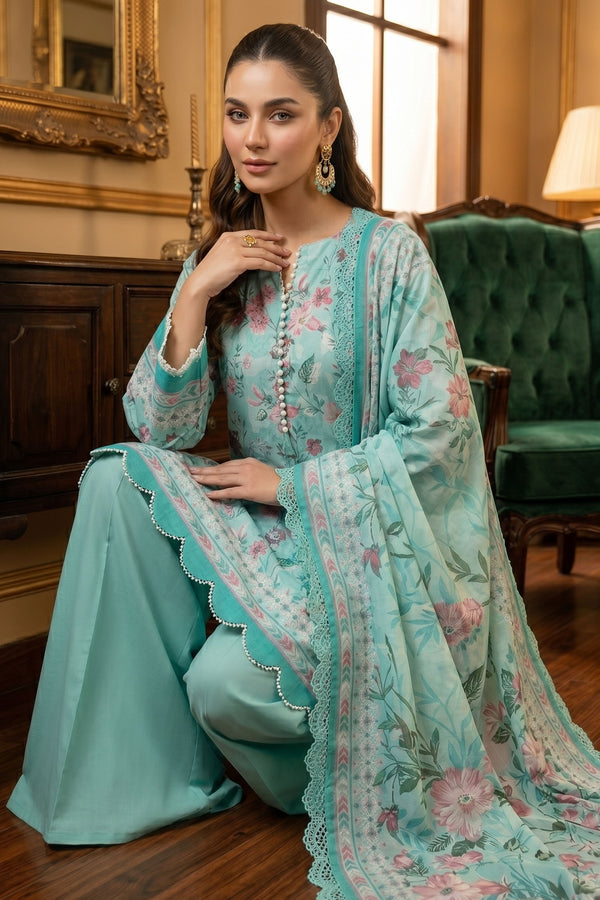 Cyan Green 3 Piece Unstitched Premium Printed Lawn