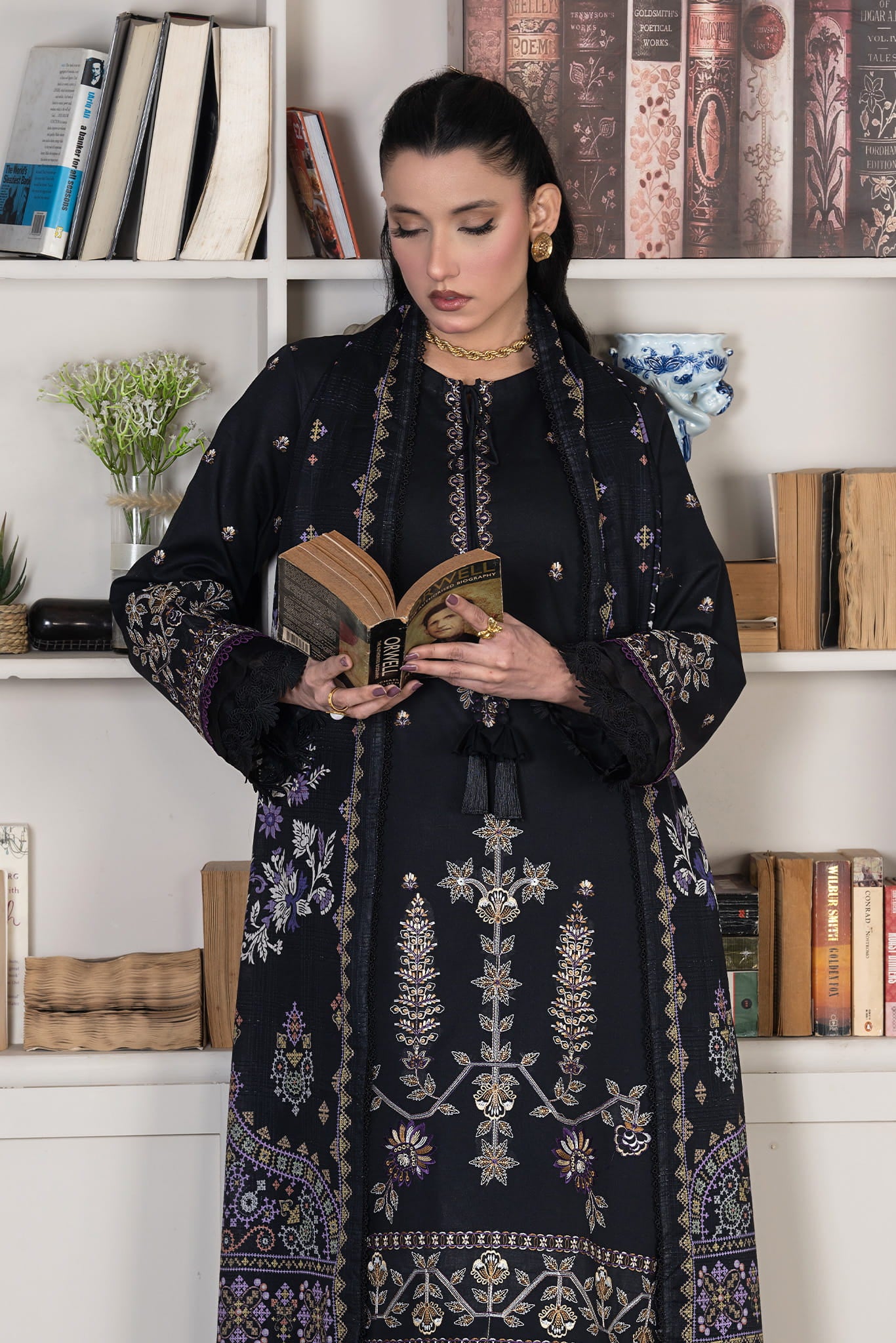 3 Piece Unstitched Black Luxury Embroidered Lawn