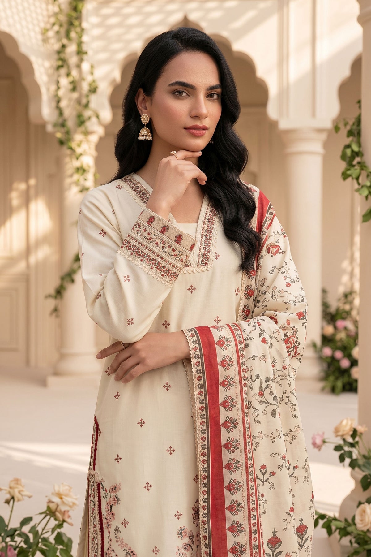 Unstitched Premium Printed 3-Piece Antique White Suit