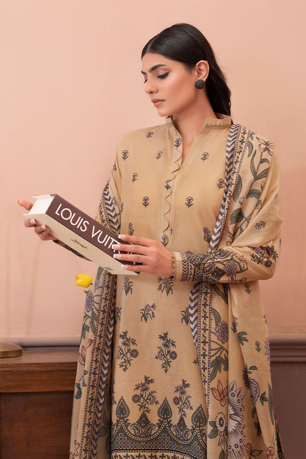 Dark Beige 3 Piece Unstitched Premium Printed Lawn