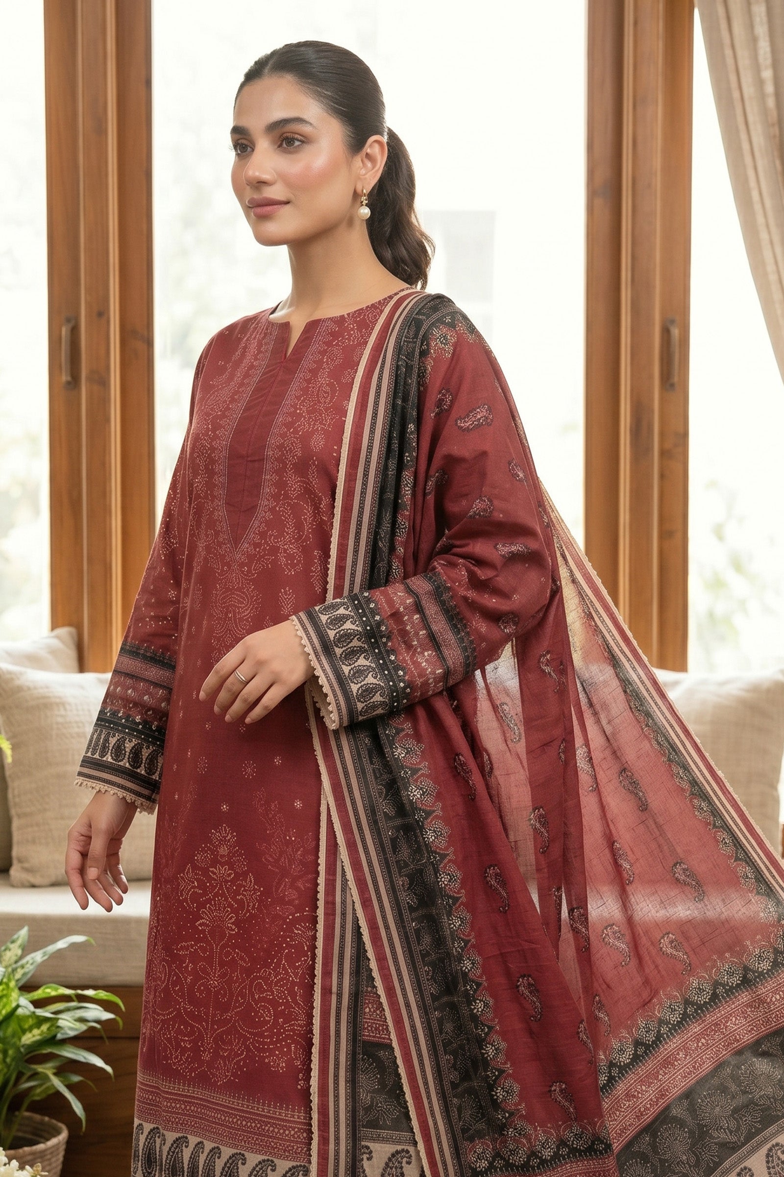 Maroon 3 Piece Unstitched Premium Printed Lawn
