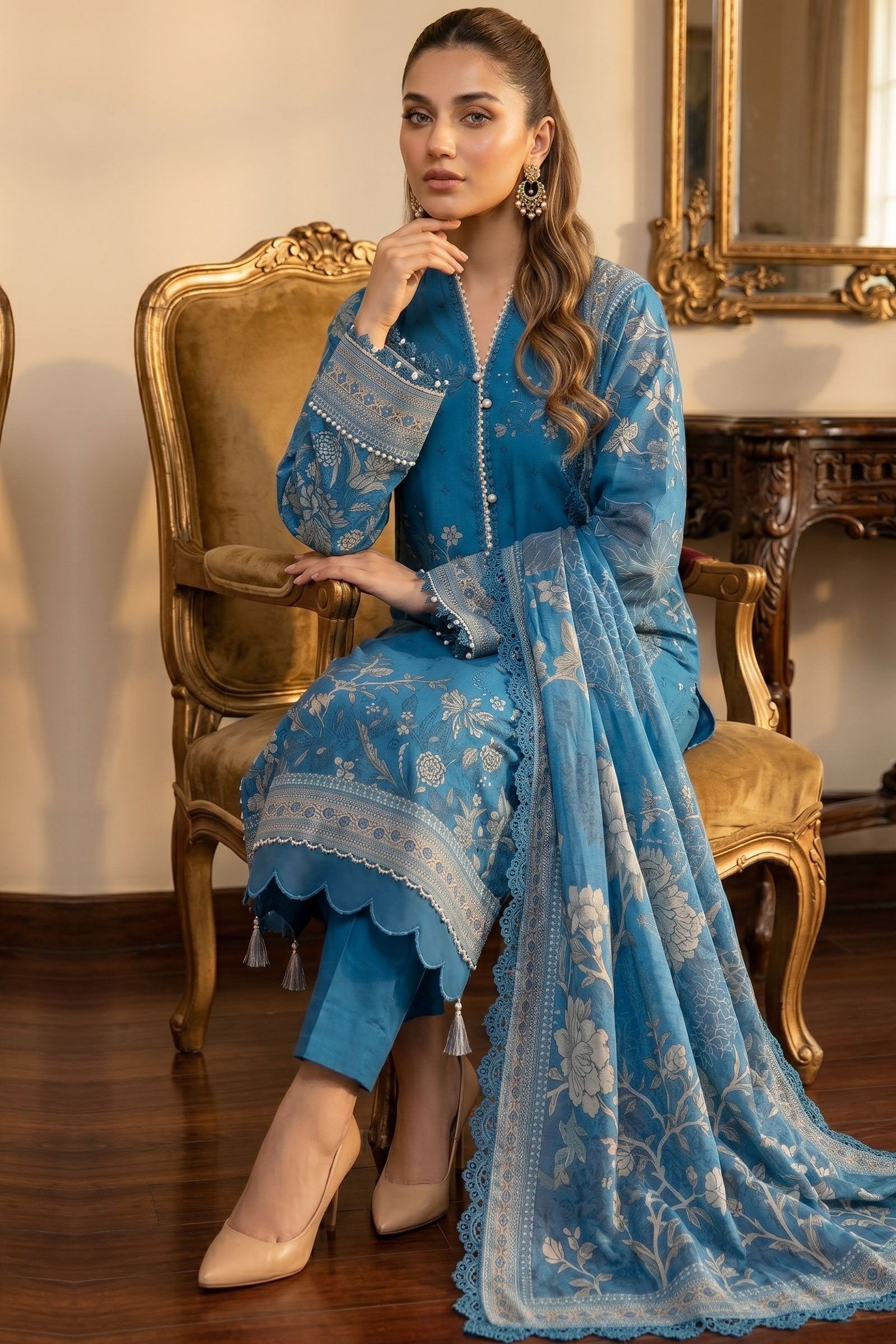 Blue 3 Piece Unstitched Premium Printed Lawn Secondary image