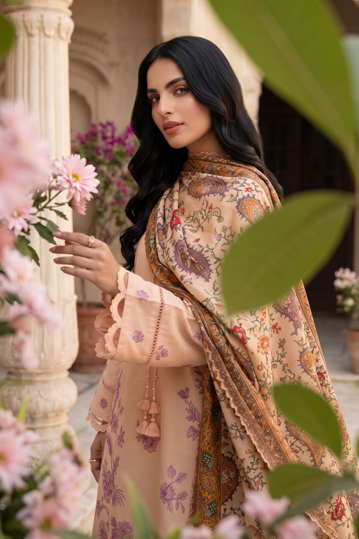 Unstitched Premium Printed 3-Piece Pink Sand Suit