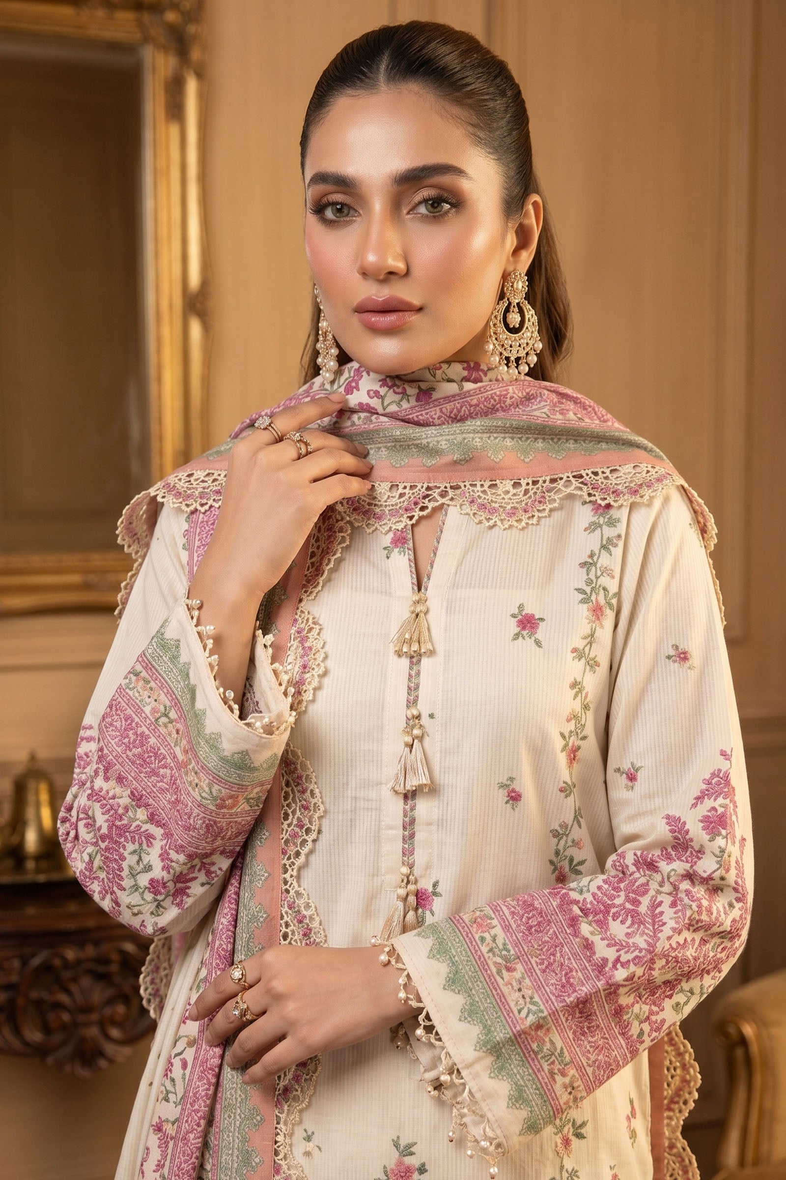 Beige 3 Piece Unstitched Premium Printed Lawn