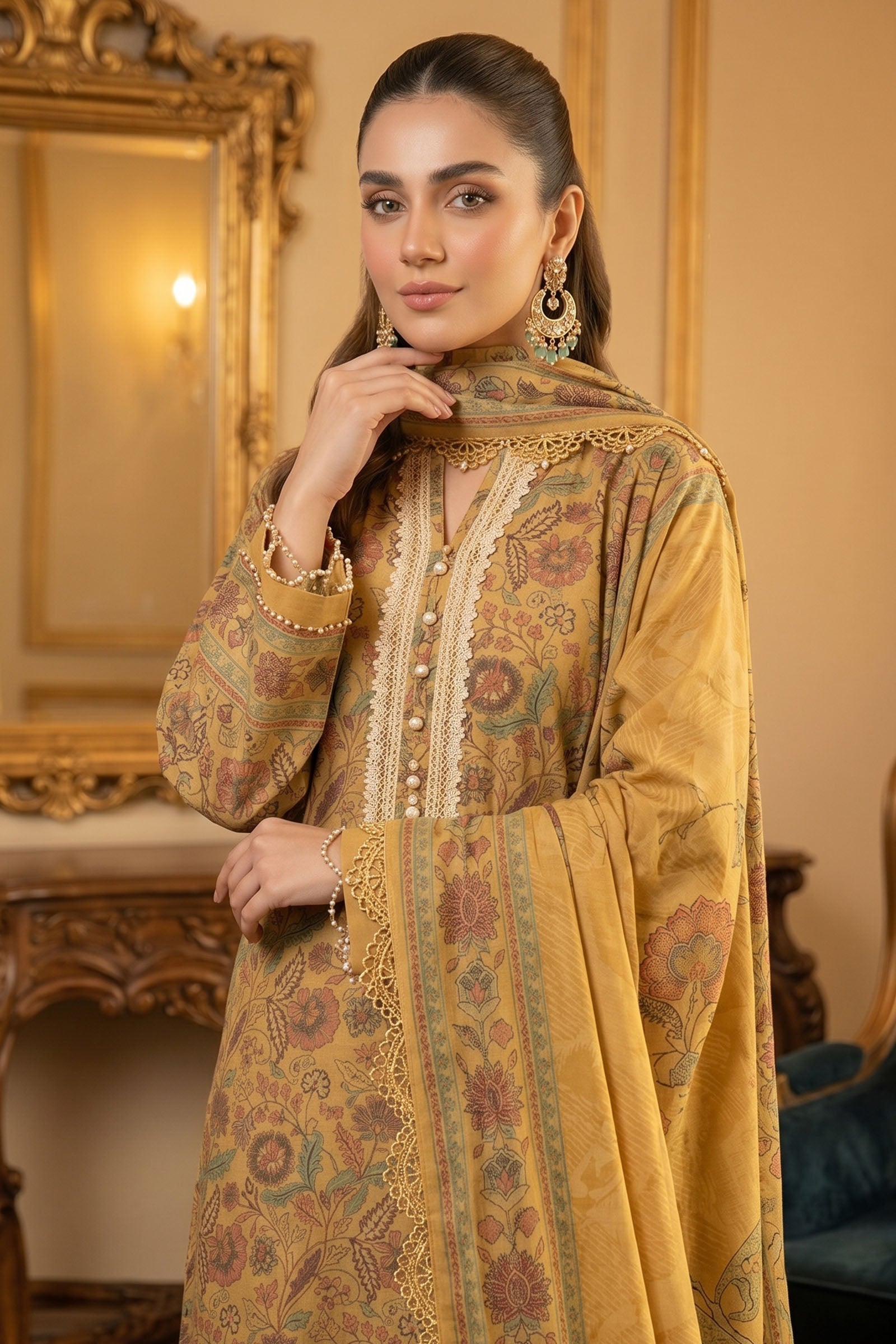 Golden 3 Piece Unstitched Premium Printed Lawn