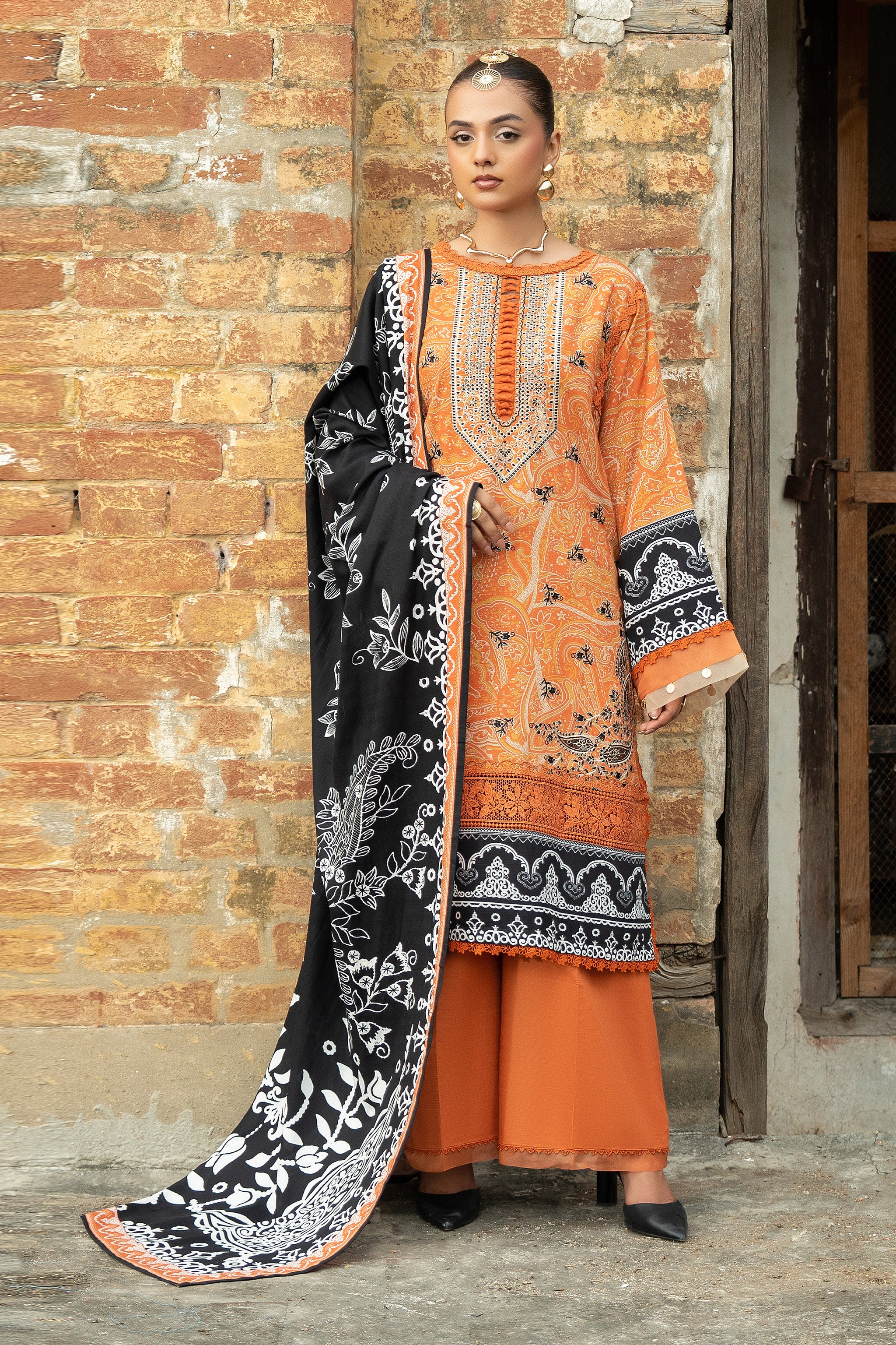 3 Piece Unstitched Orange Embroidered Linen Secondary image