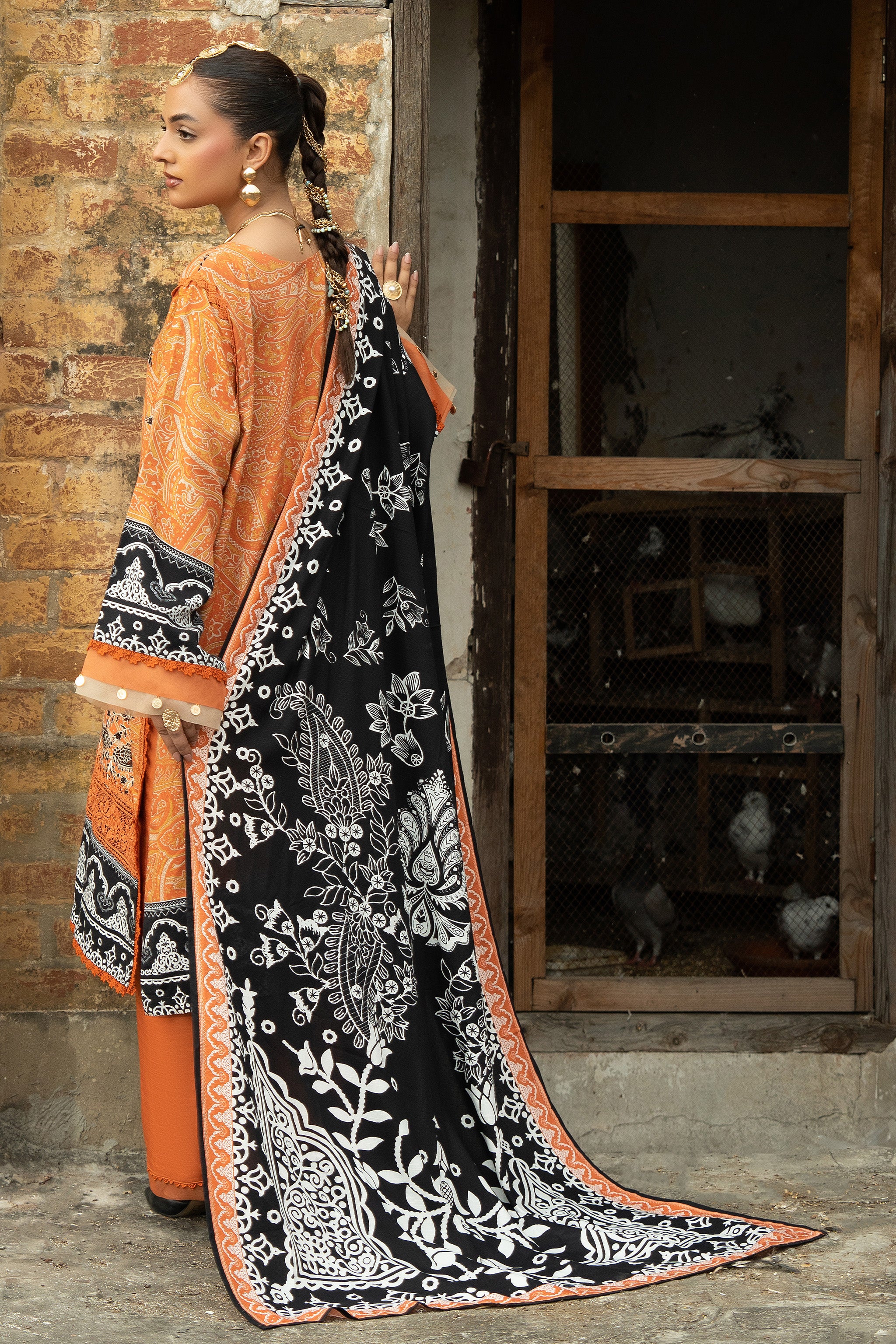 3PC Unstitched Orange Emb Linen - (Vol-113/01)D12 - SAFANOOOR