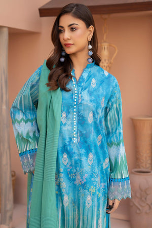 3 Piece Unstitched Blue Embroidered Lawn - SafaNoor