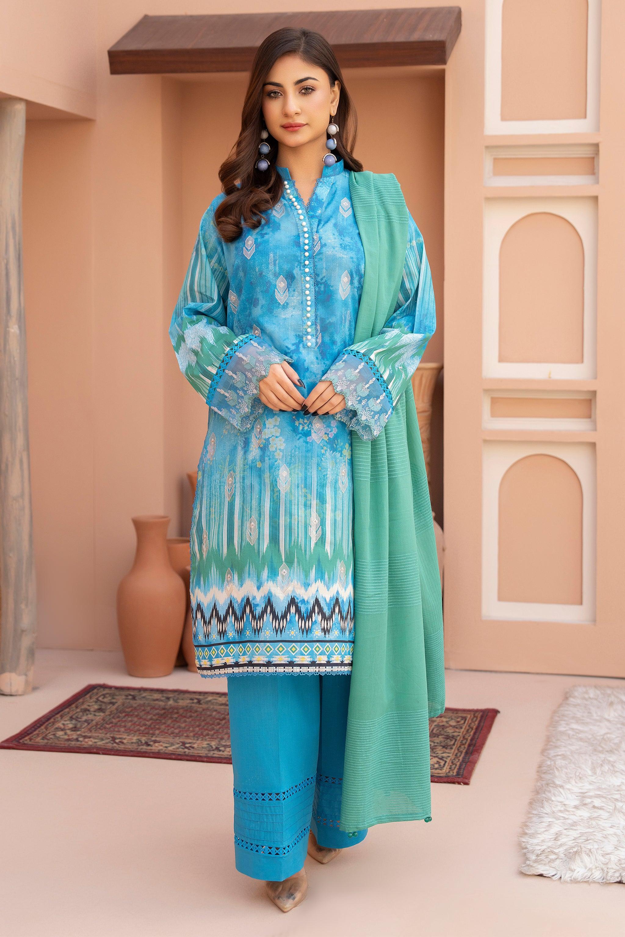 3 Piece Unstitched Blue Embroidered Lawn - SafaNoor