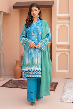 3 Piece Unstitched Blue Embroidered Lawn - SafaNoor