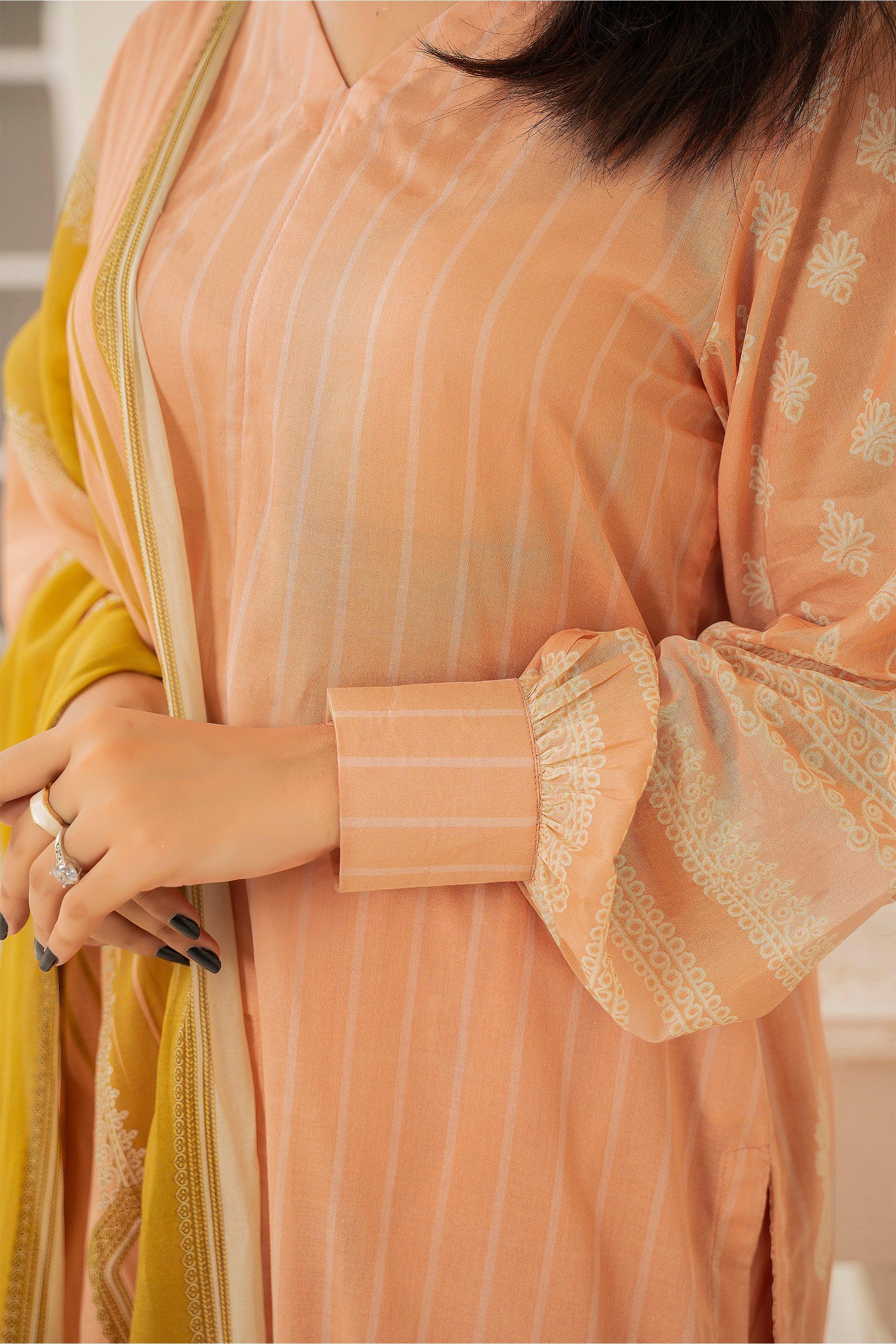 3 Piece Unstitched Bright Peach Printed Lawn - SafaNoor