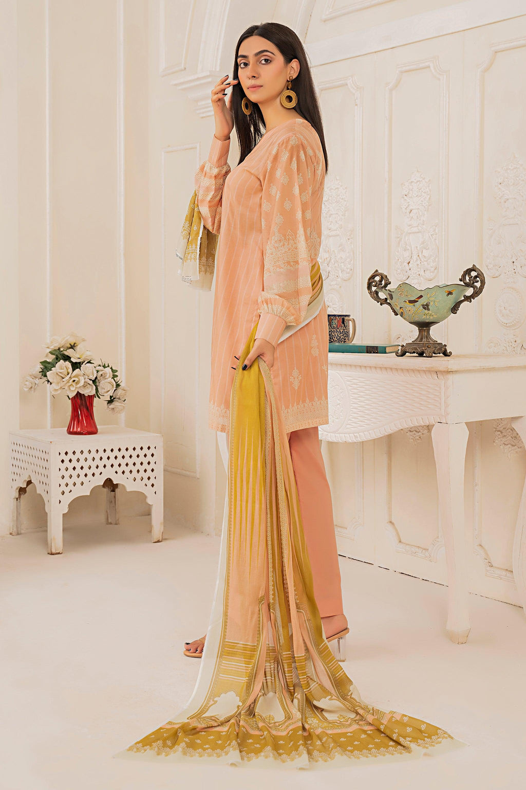 3 Piece Unstitched Bright Peach Printed Lawn - SafaNoor