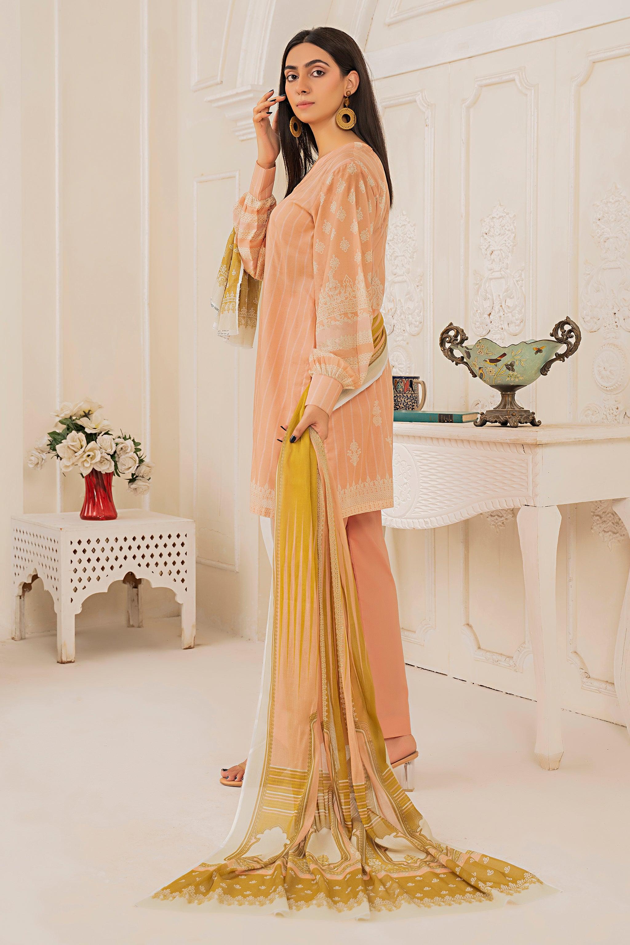 3 Piece Unstitched Bright Peach Printed Lawn - SafaNoor