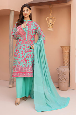 3 Piece Unstitched Cyan Embroidered Lawn - SafaNoor