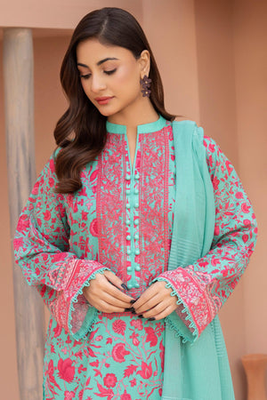 3 Piece Unstitched Cyan Embroidered Lawn - SafaNoor