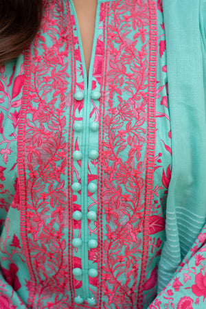 3 Piece Unstitched Cyan Embroidered Lawn - SafaNoor