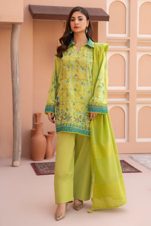3 Piece Unstitched Green Embroidered Lawn - SafaNoor