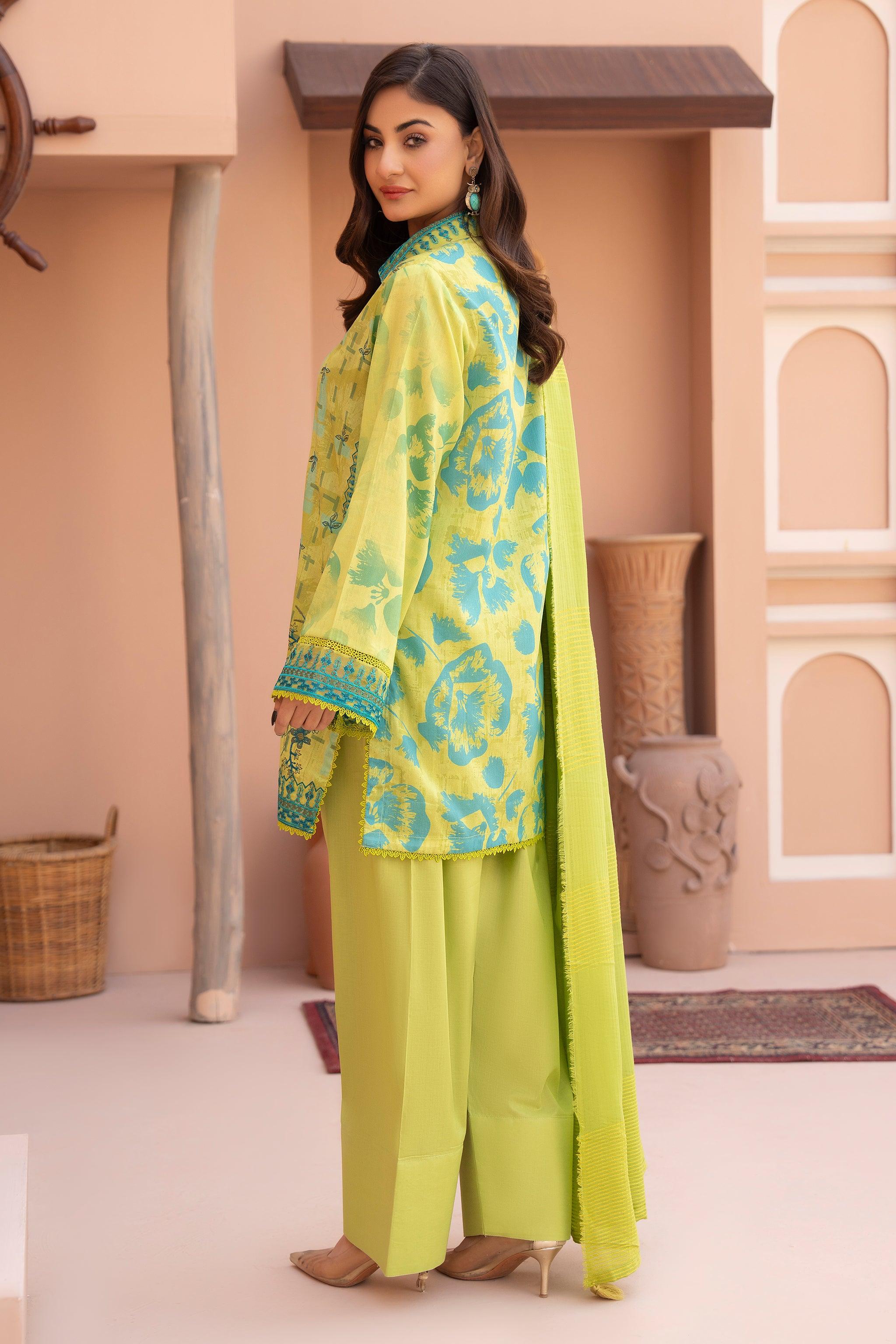 3 Piece Unstitched Green Embroidered Lawn - SafaNoor