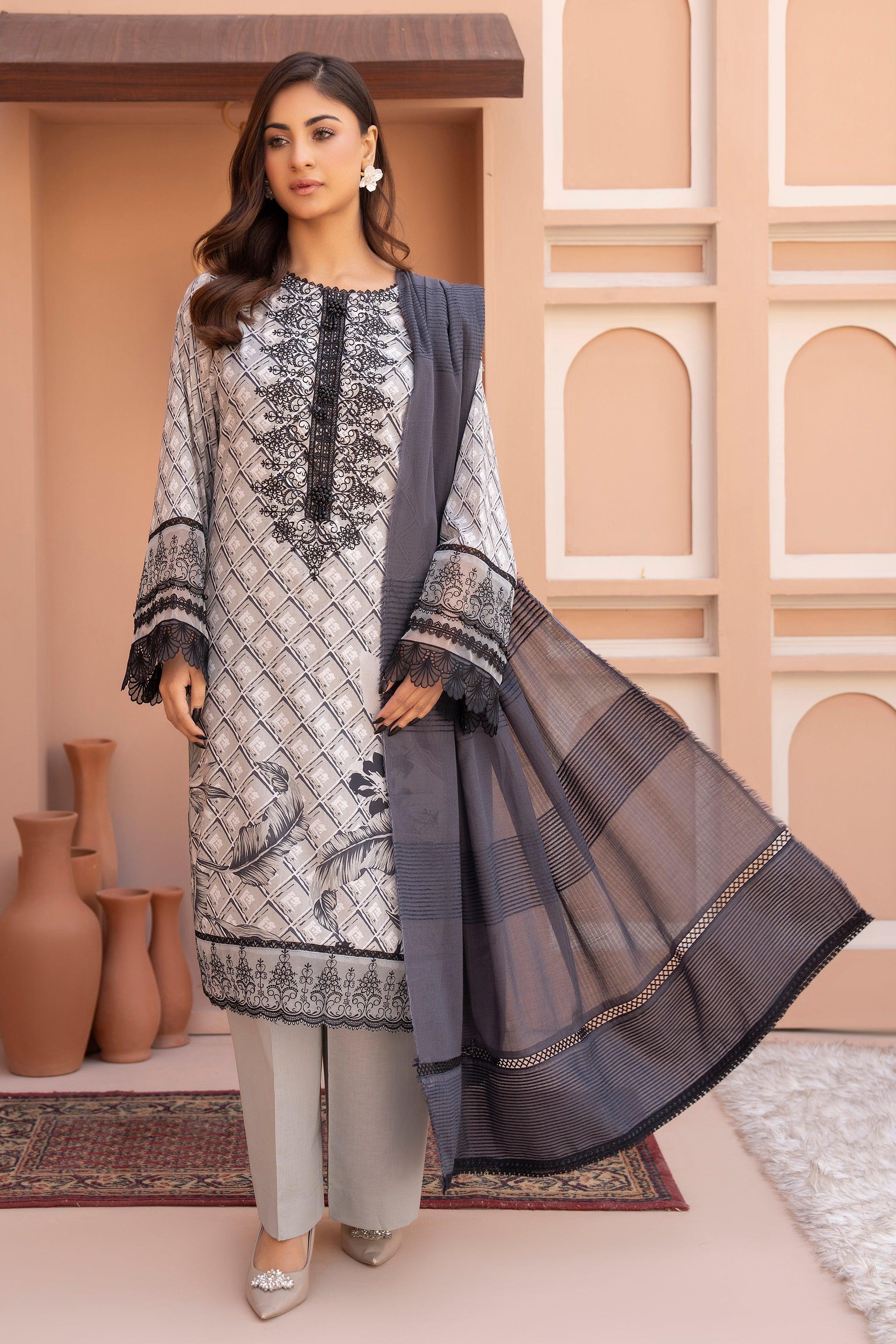 3 Piece Unstitched Grey Embroidered Lawn - SafaNoor