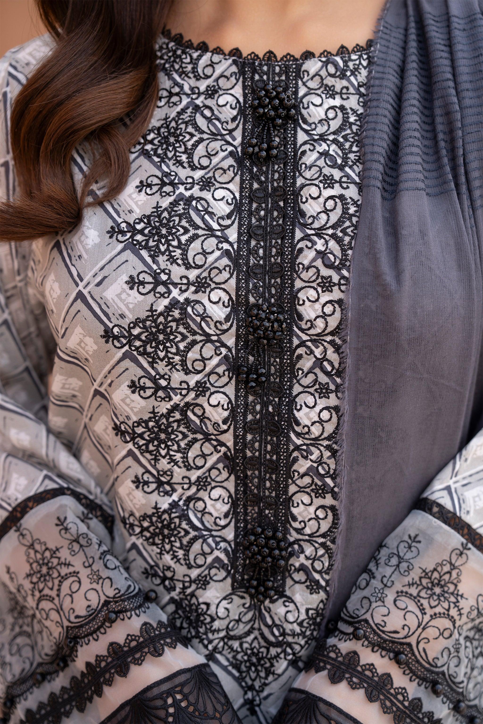 3 Piece Unstitched Grey Embroidered Lawn - SafaNoor