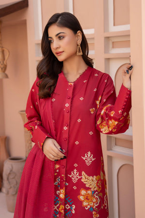 3 Piece Unstitched Red Embroidered Lawn - SafaNoor