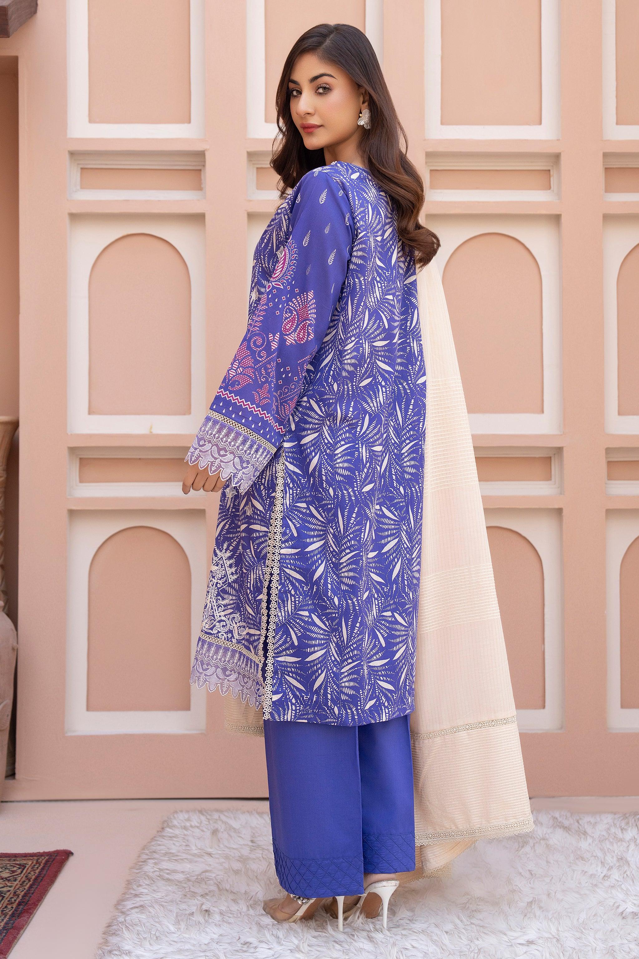 3 Piece Unstitched Rust Blue Embroidered Lawn - SafaNoor