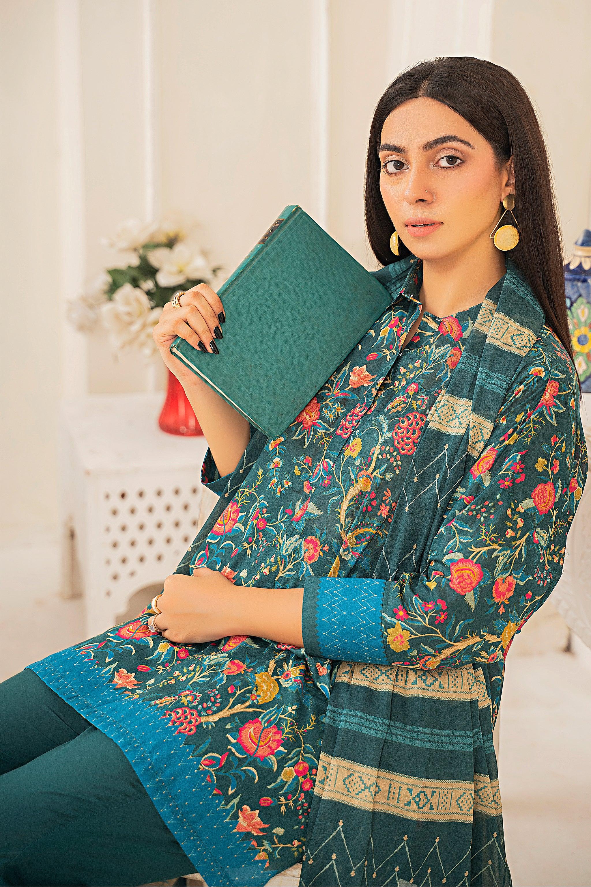 3 Piece Unstitched Sea Green Printed Lawn - SafaNoor