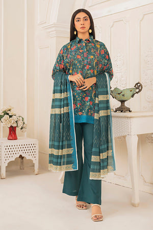 3 Piece Unstitched Sea Green Printed Lawn - SafaNoor