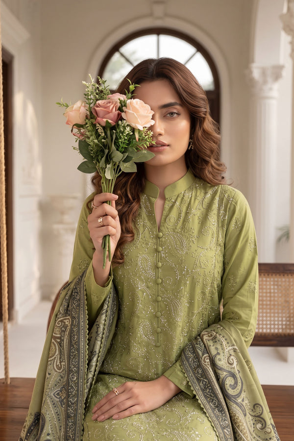 Unstitched Premium Printed 3-Piece Pickle GreenSuit