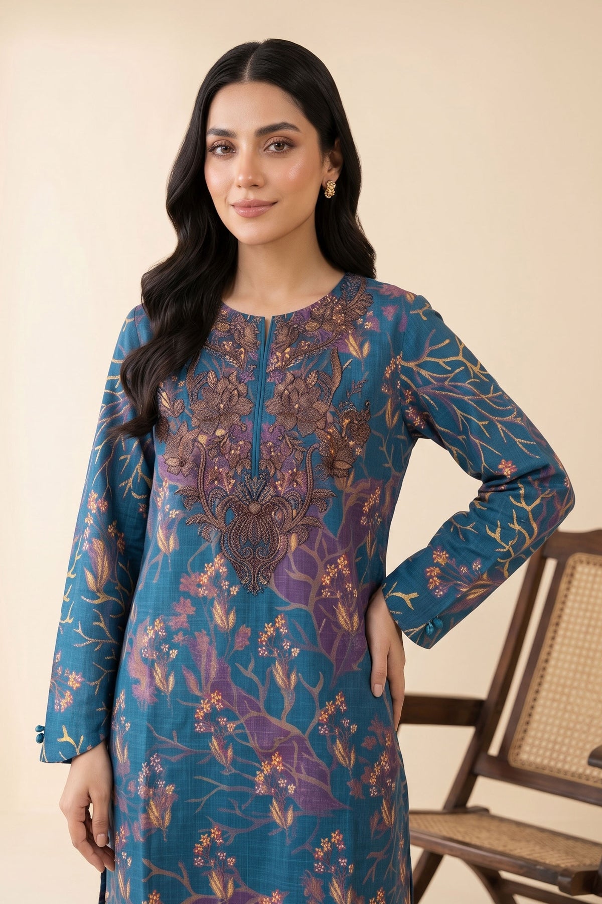 2 Piece Unstitched Embroidered Printed Khaddar - Mystic Blue