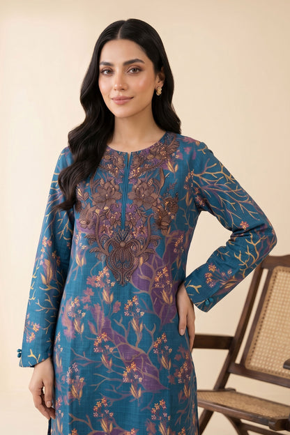 2 Piece Unstitched Embroidered Printed Khaddar - Mystic Blue