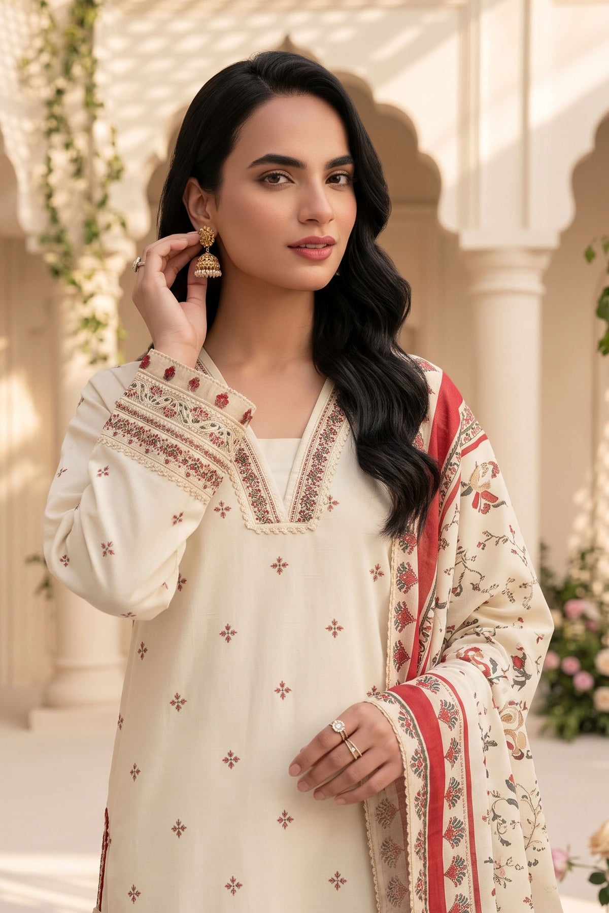 Unstitched Premium Printed 3-Piece Antique White Suit Main image