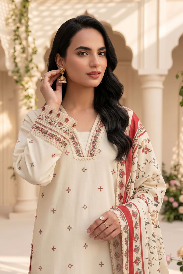 Unstitched Premium Printed 3-Piece Antique White Suit