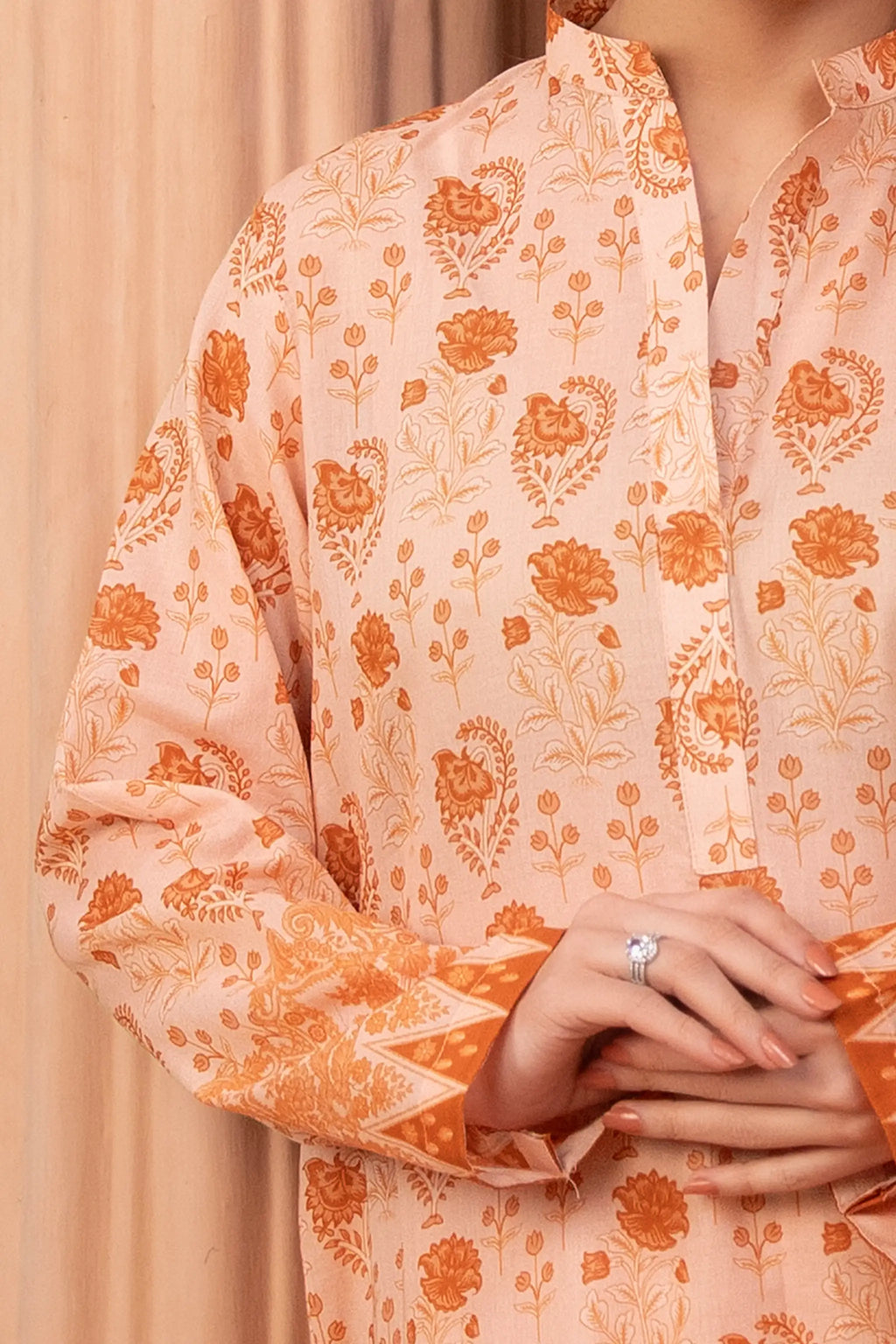 3 Piece Unstitched Peach Premium Printed Lawn