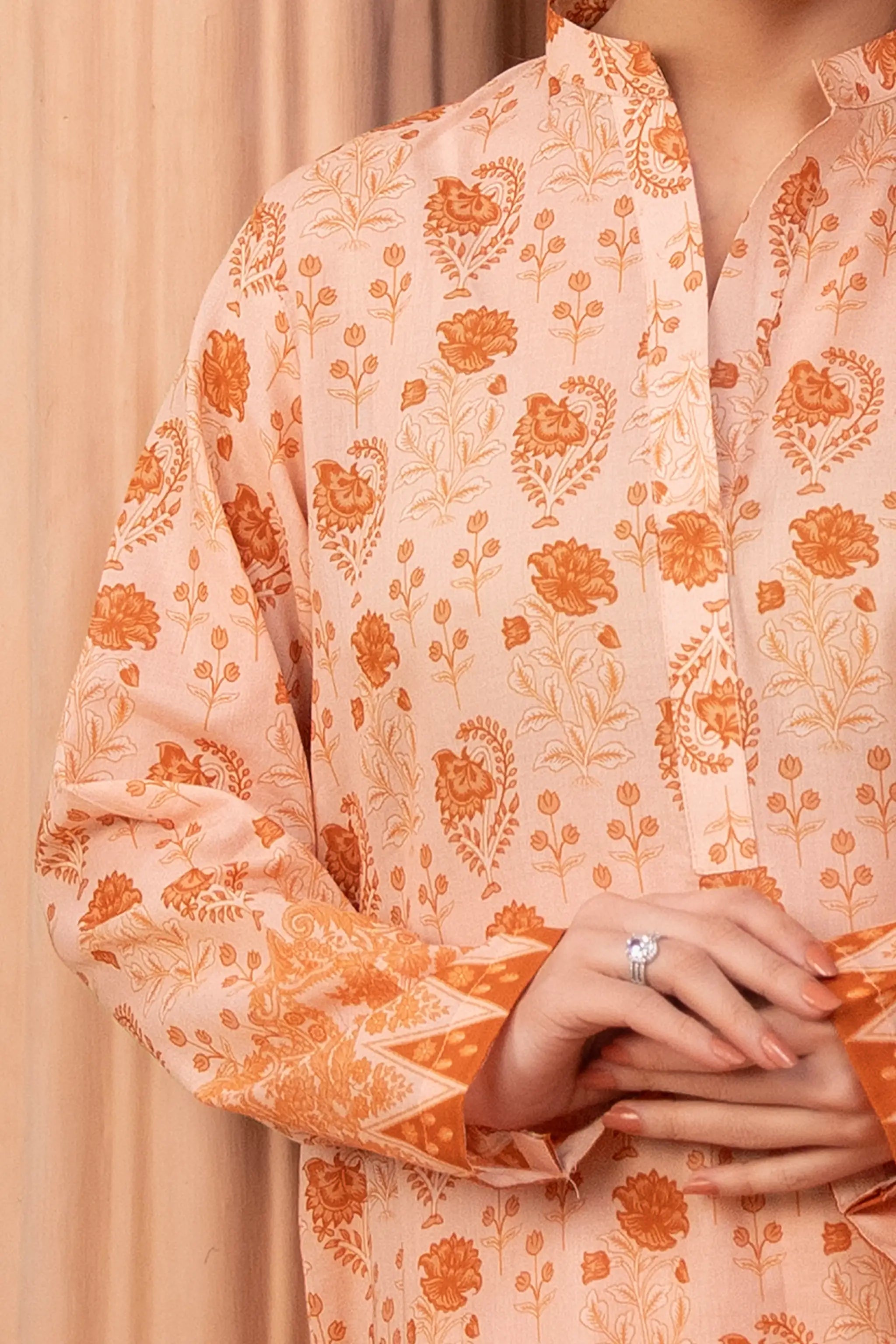 3 Piece Unstitched Peach Premium Printed Lawn