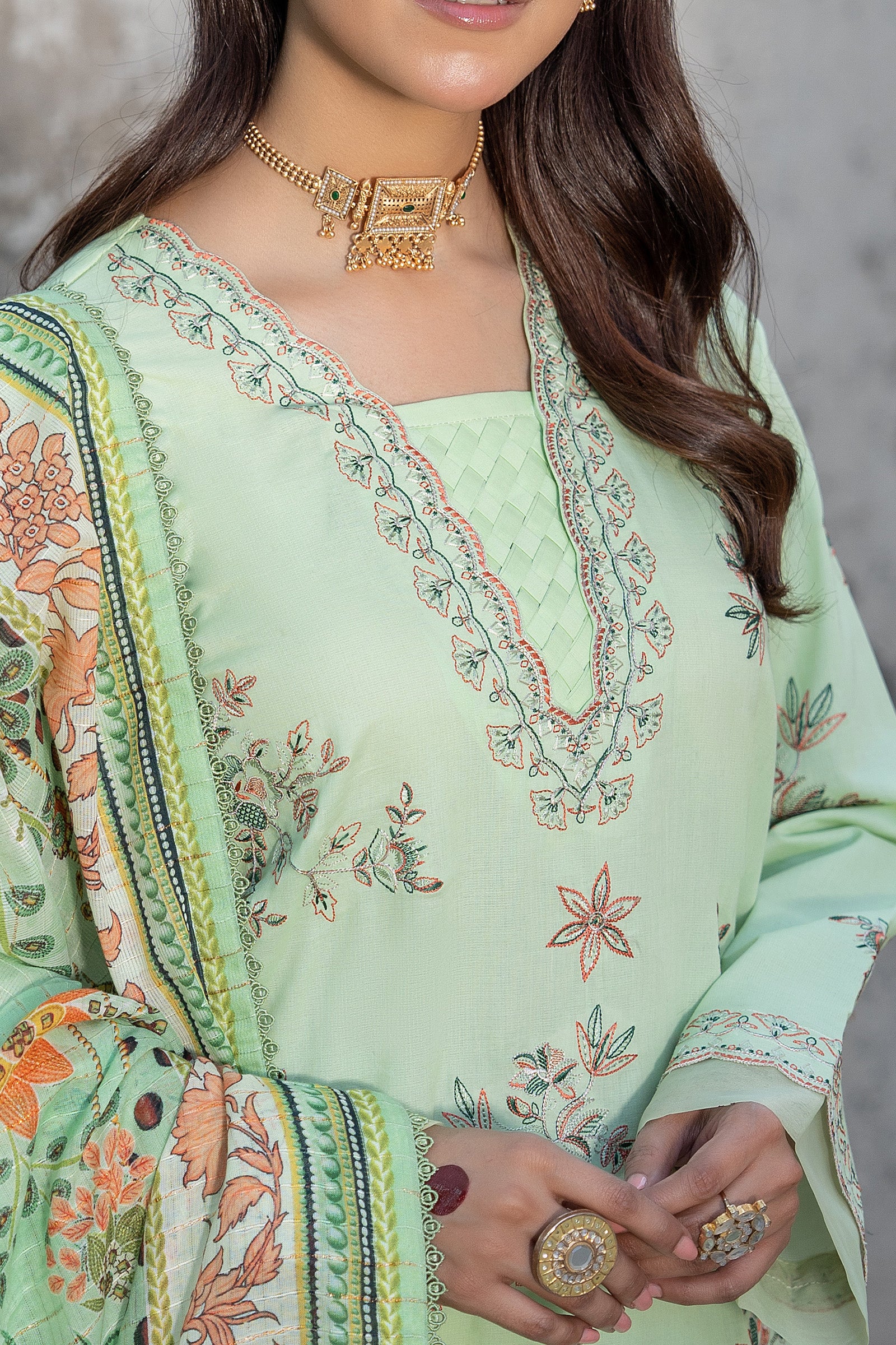 3 Piece Unstitched Laurel Green Premium Emb Lawn