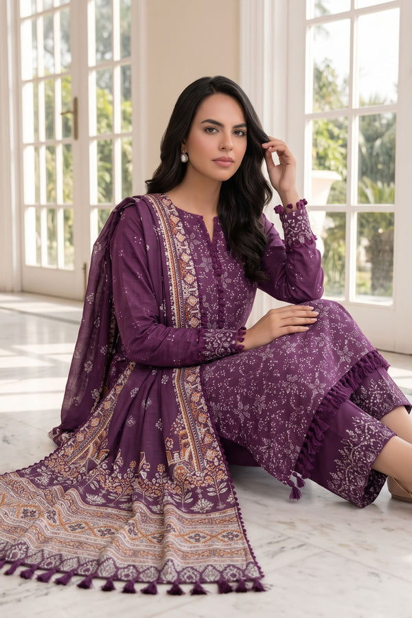 Unstitched Premium Printed 3-Piece Pansy Purple Suit