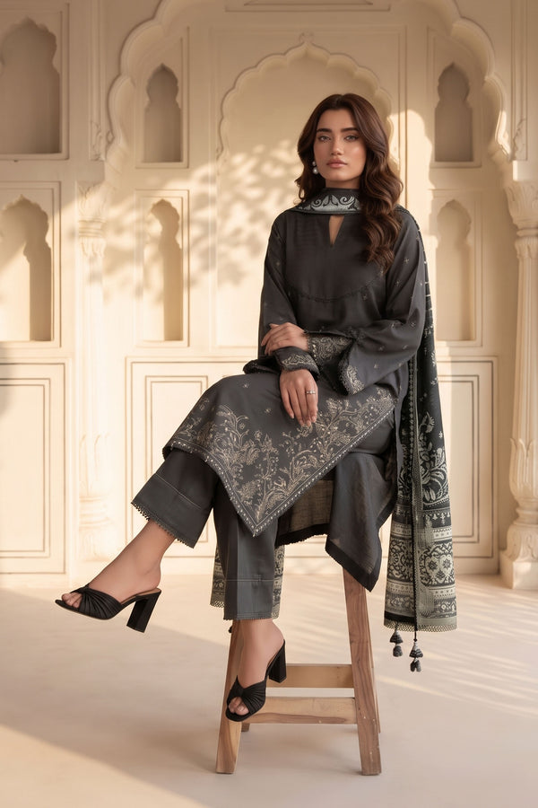 Unstitched Premium Printed 3-Piece Pearl Black Suit