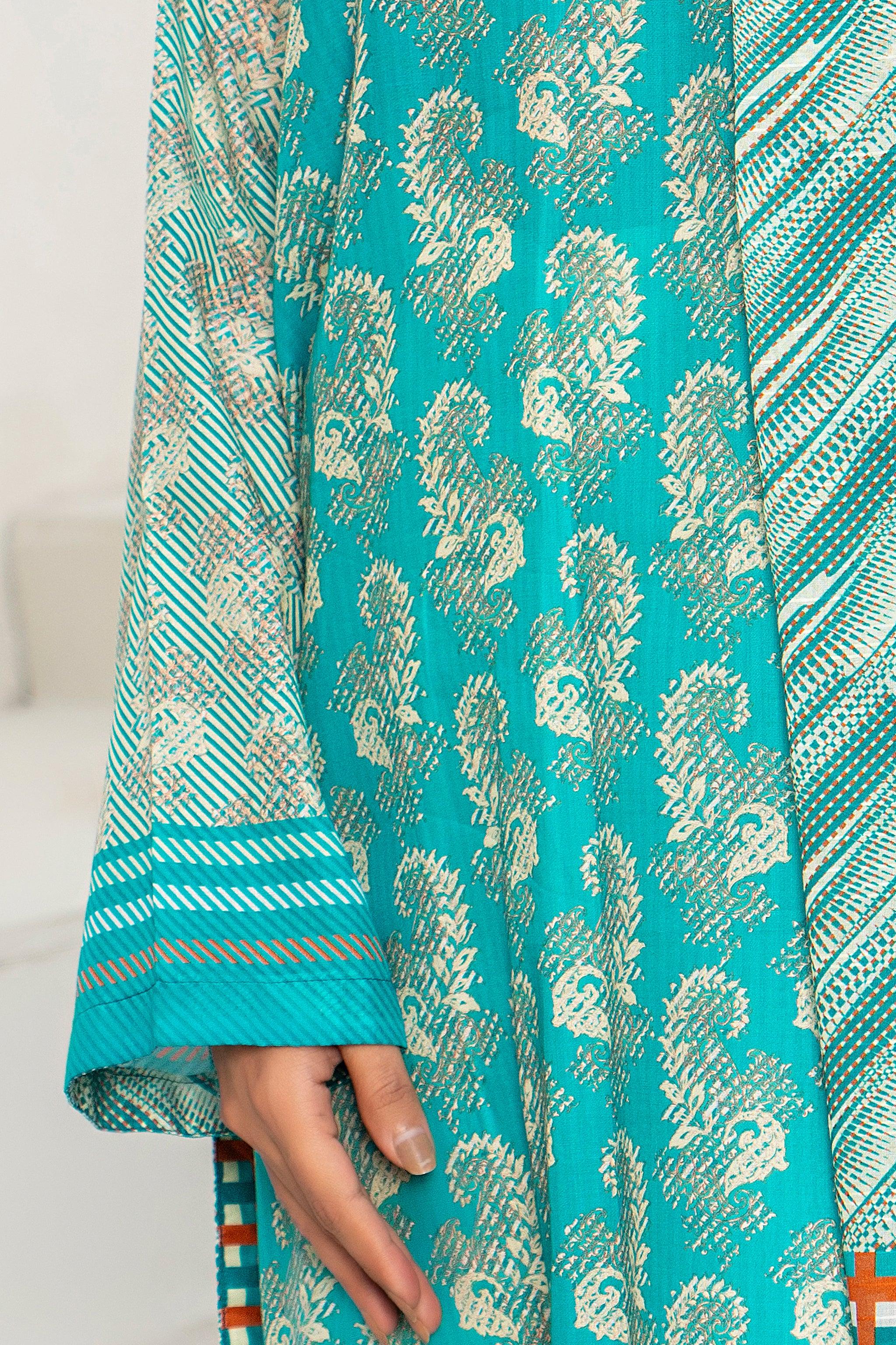 3 Piece Unstitched Aqua Blue Printed Lawn - SafaNoor