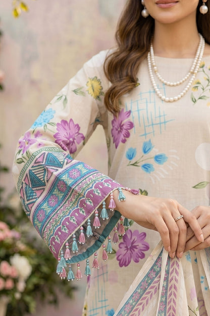 Cream 3 Piece Unstitched Premium Printed Lawn