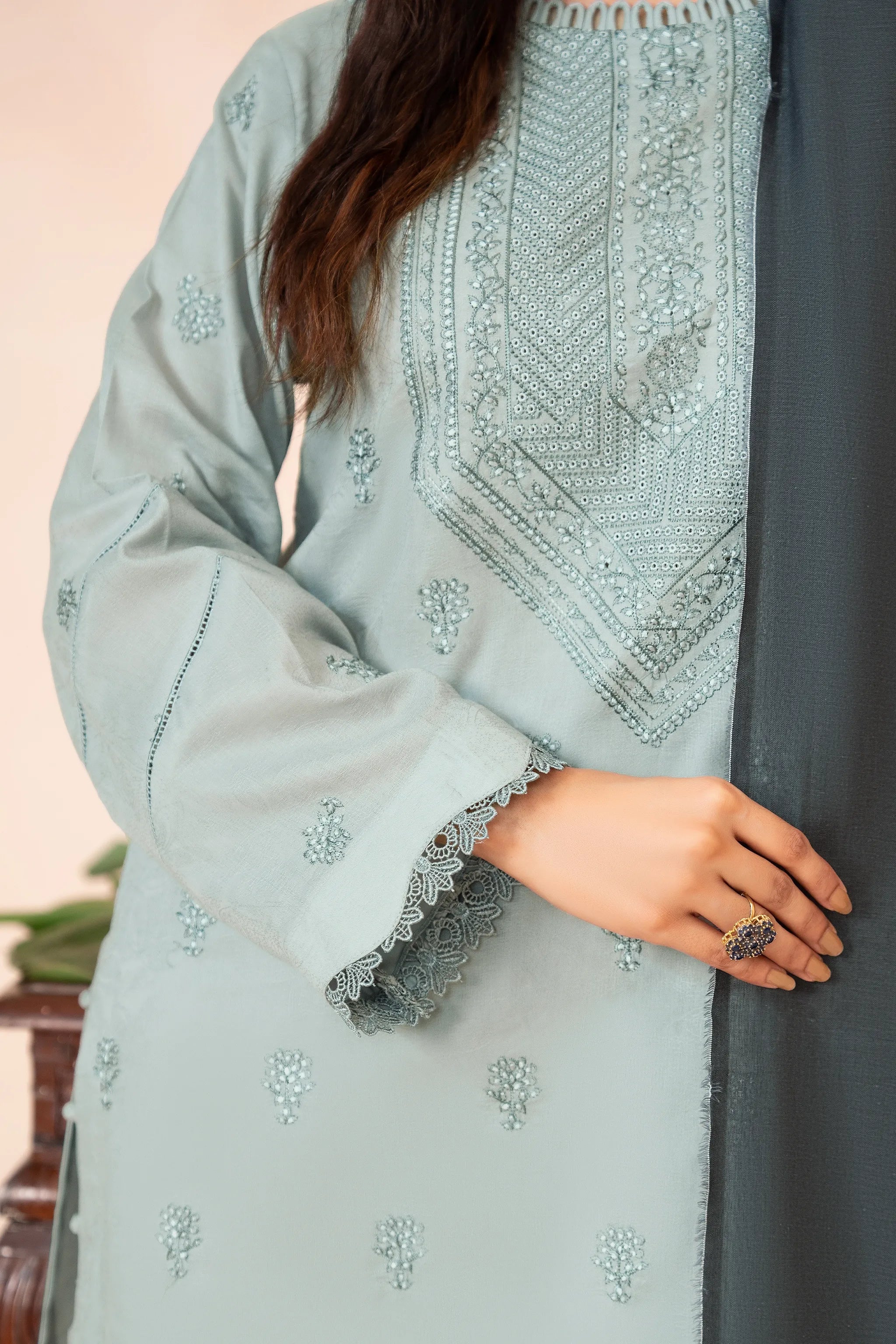 3 Piece Unstitched Ash Grey Premium Emb Jacquard Lawn