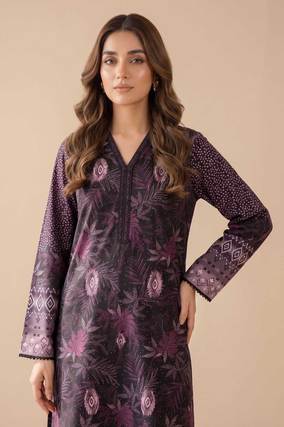 2 Piece Unstitched Printed Lace Khaddar - Dark Black