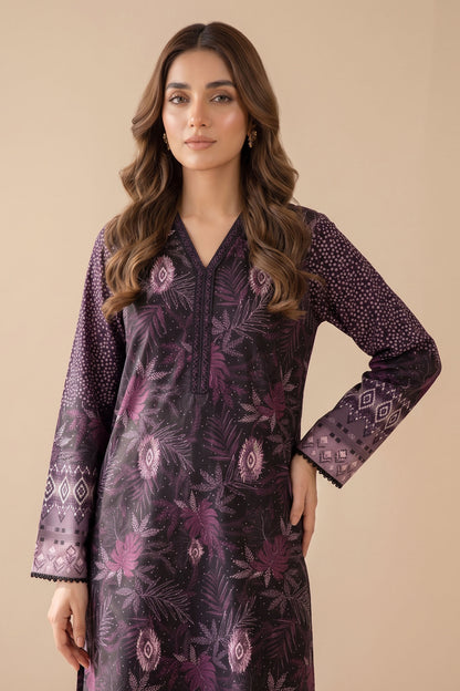 2 Piece Unstitched Printed Lace Khaddar - Dark Black