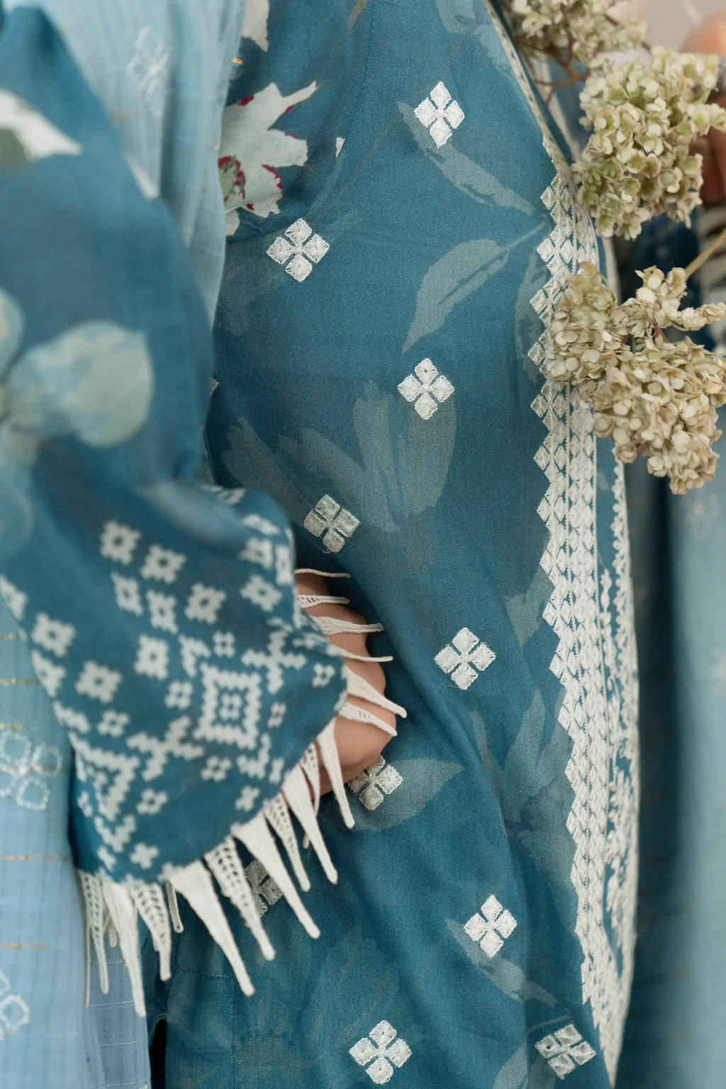 3 Piece Unstitched Cadet Blue Premium Emb Jacquard Lawn