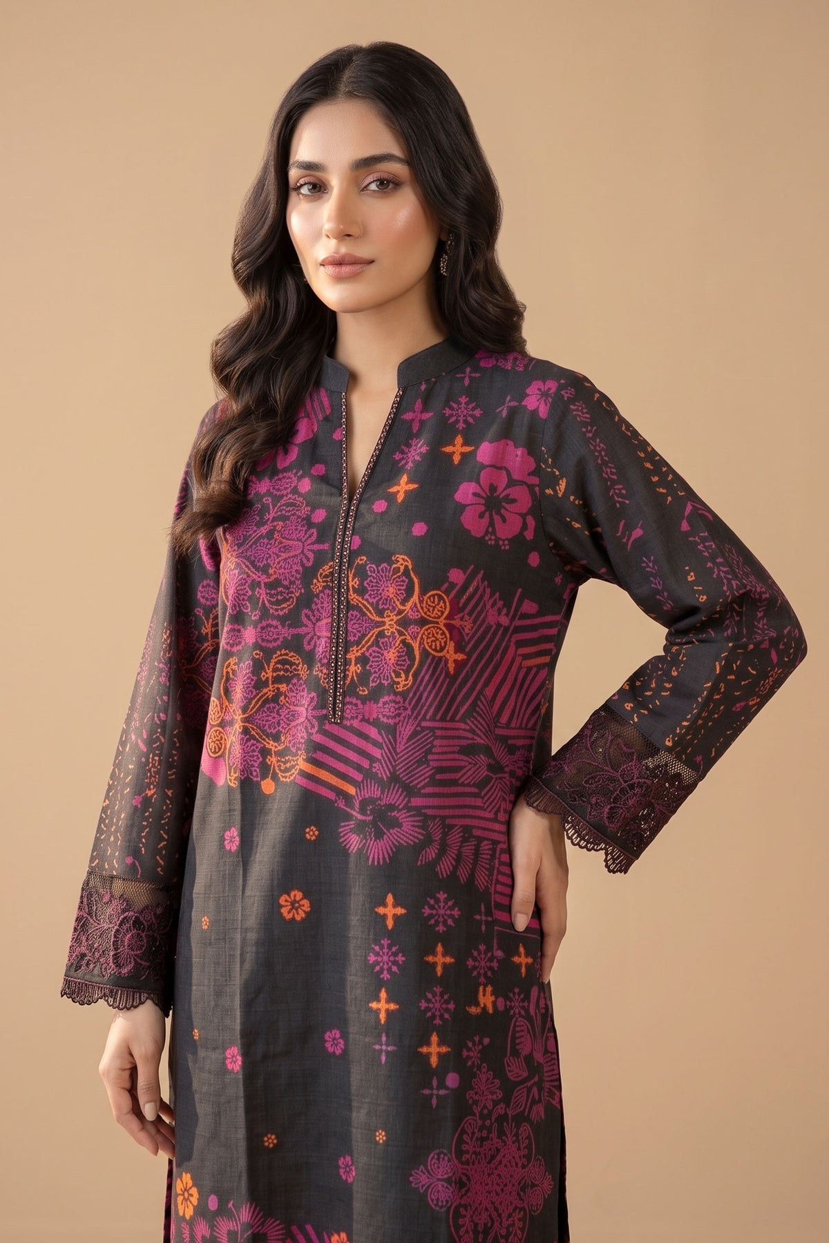 2 Piece Unstitched Printed Lace Cuff Khaddar - Black