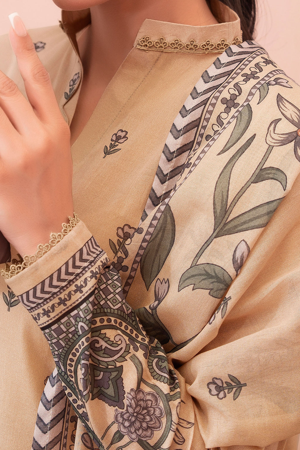 Dark Beige 3 Piece Unstitched Premium Printed Lawn