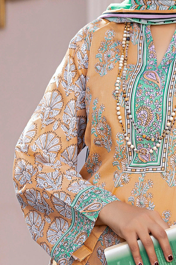 3 Piece Unstitched Peach Printed Lawn - SafaNoor