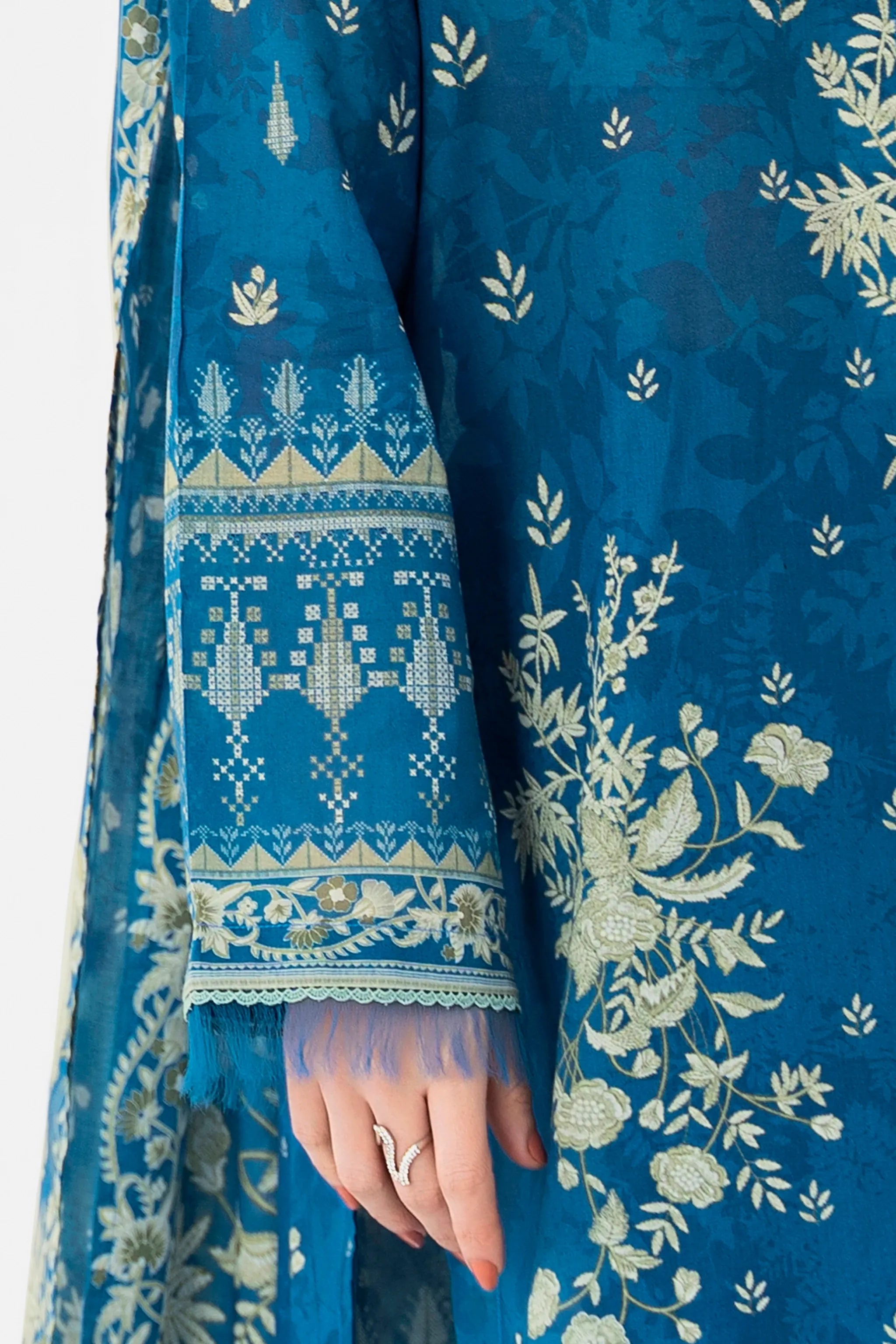 3 Piece Unstitched Sea Blue Premium Printed Lawn