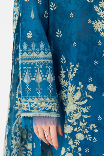 3 Piece Unstitched Sea Blue Premium Printed Lawn